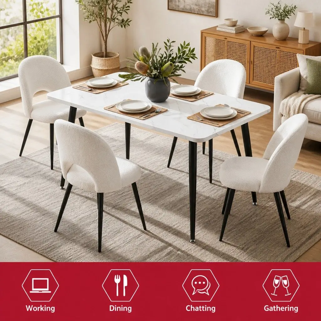 Dining Set Marble Effect White Grey 5 Piece Sturdy Table with Upholstered Chairs