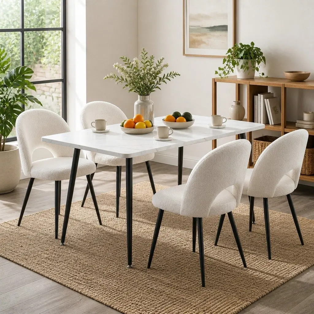 Dining Set Marble Effect White Grey 5 Piece Sturdy Table with Upholstered Chairs