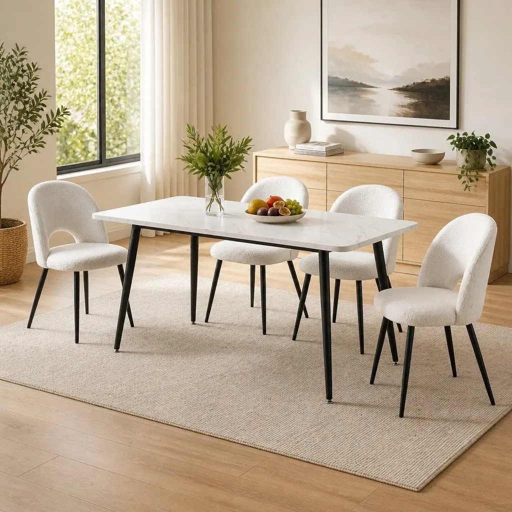 Dining Set Marble Effect White Grey 5 Piece Sturdy Table with Upholstered Chairs