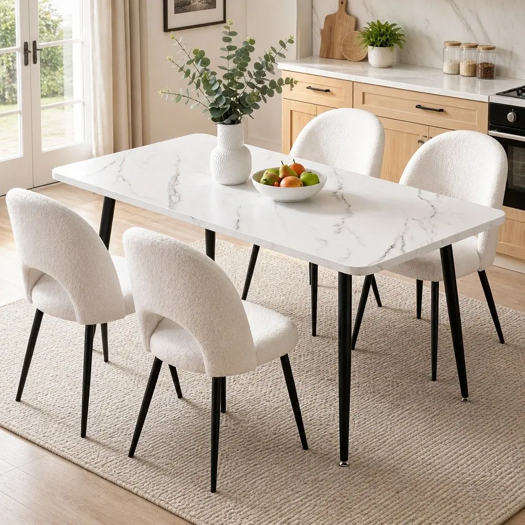 Dining Set Marble Effect White Grey 5 Piece Sturdy Table with Upholstered Chairs