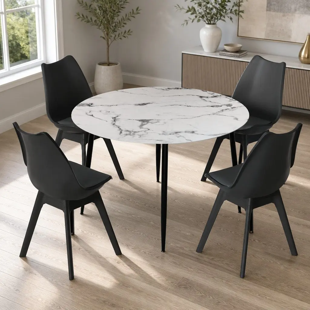 Dining Table and 4 Chairs Set Round Marble Industrial Style Modern