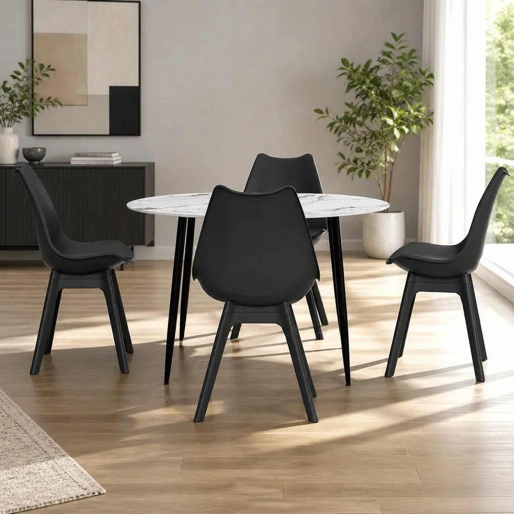 Dining Set Black White Round Marble 4 Chairs Industrial Style Modern
