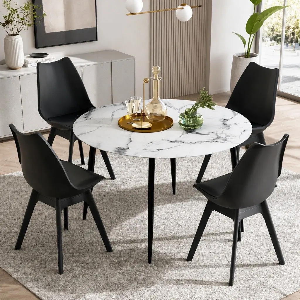 Dining Set Black White Round Marble 4 Chairs Industrial Style Modern