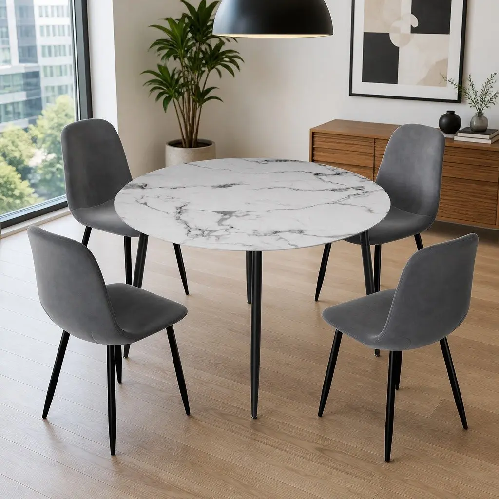 Round Marble Dining Table & 4 Chair Set