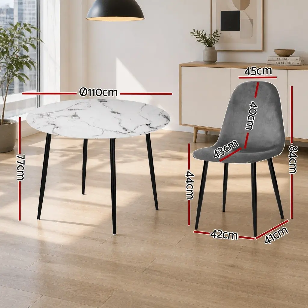 Dining Table and 4 Chairs Set Round Marble Grey Industrial Modern Furniture