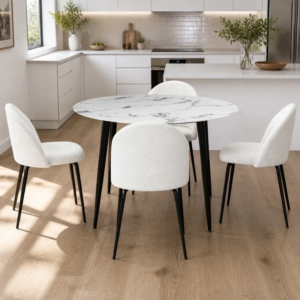 Dining Table and 4 Chairs Set Round Marble White Modern Kitchen Furniture