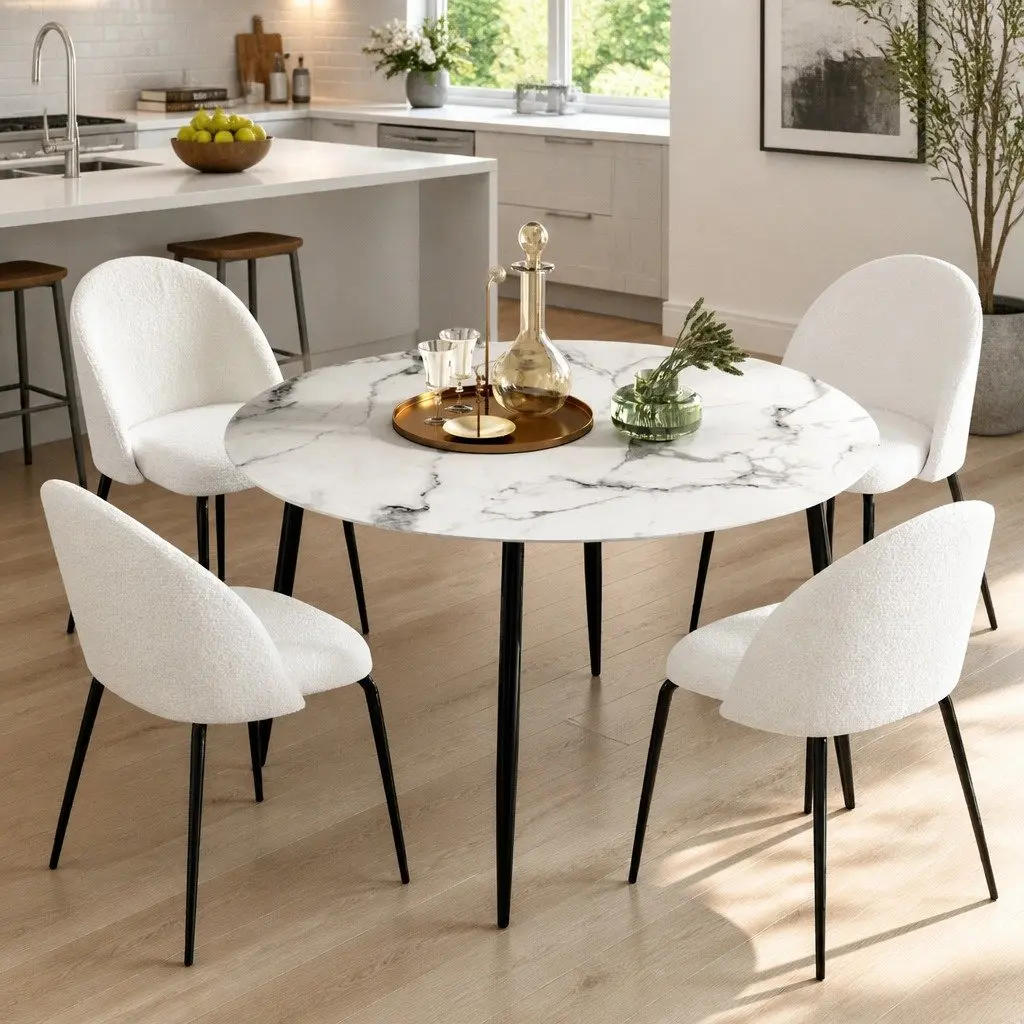Dining Table and 4 Chairs Set Round Marble White Modern Kitchen Furniture