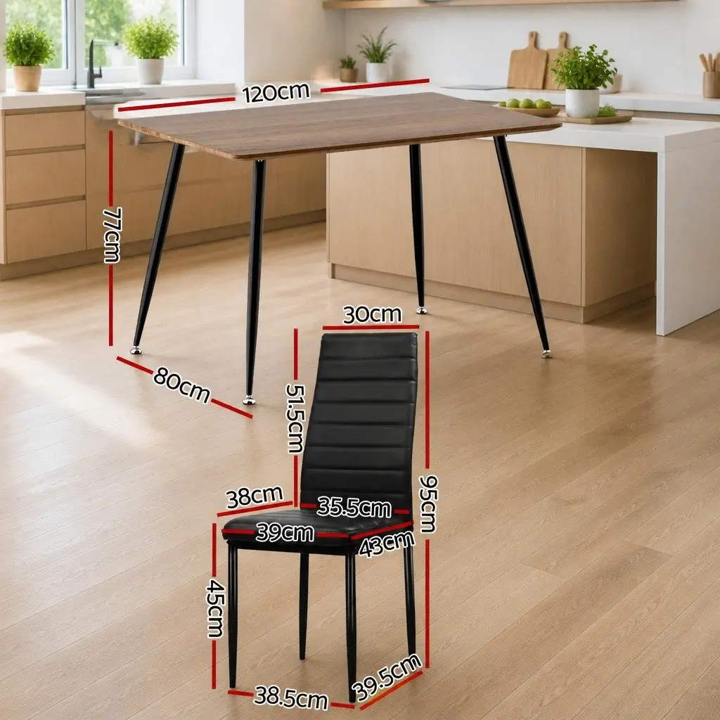 Dining Set Oak 120x80cm Industrial Style Metal Legs 4 Chairs with Cushioned Seats