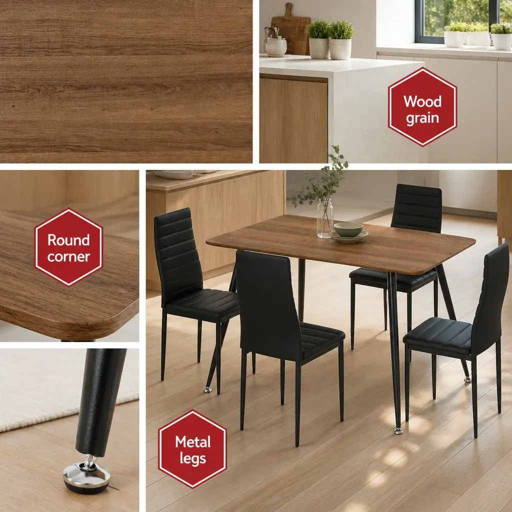 Dining Set Oak 120x80cm Industrial Style Metal Legs 4 Chairs with Cushioned Seats
