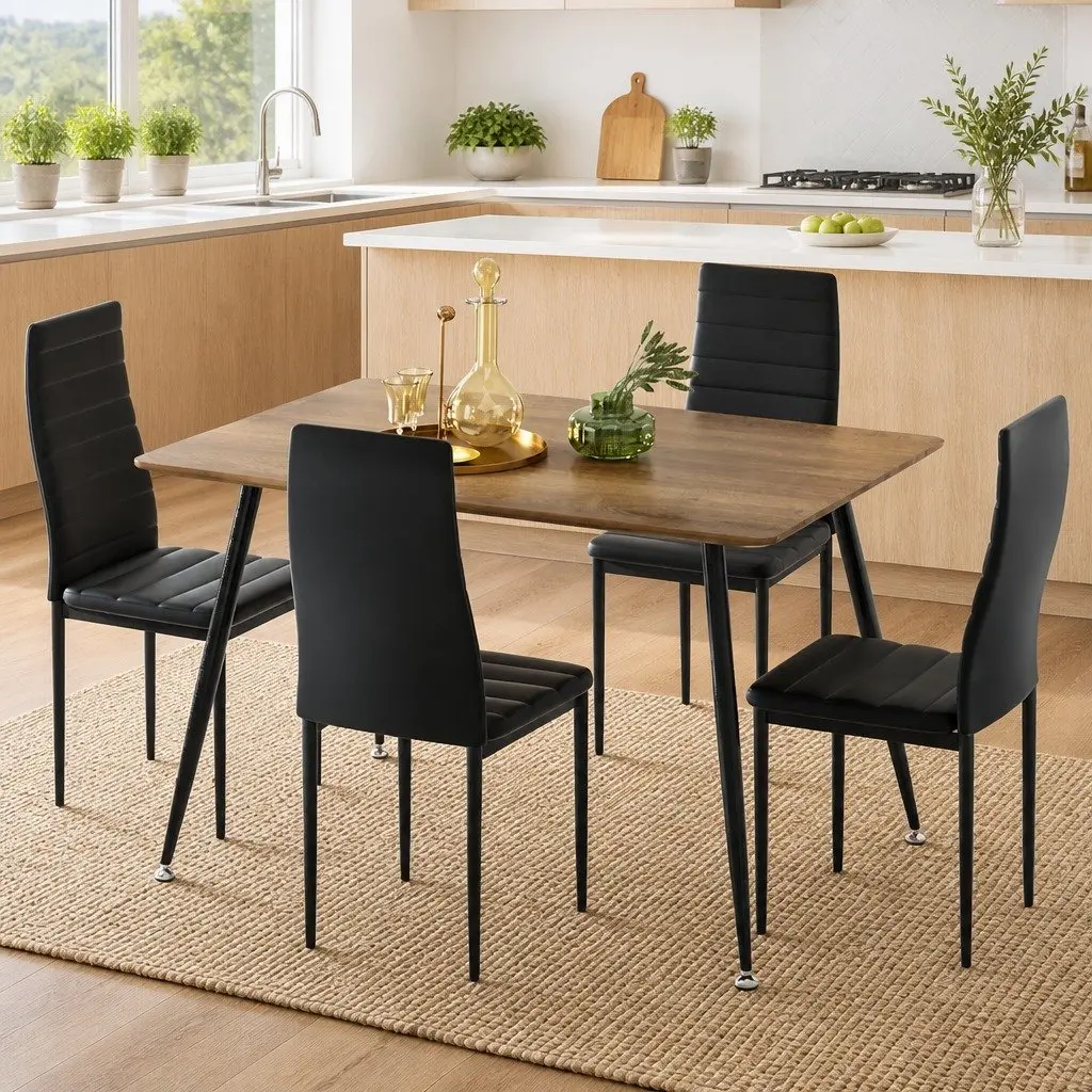 Dining Set Oak 120x80cm Industrial Style Metal Legs 4 Chairs with Cushioned Seats