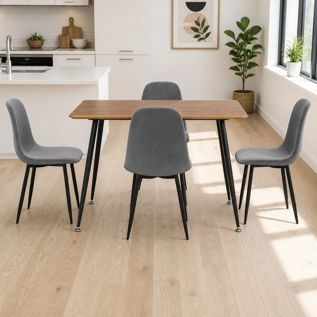 Dining Set Grey Oak 5 Piece Industrial Style MDF Tabletop Metal Legs