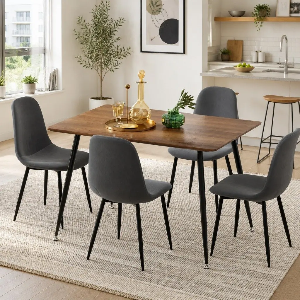 Dining Set Grey Oak 5 Piece Industrial Style MDF Tabletop Metal Legs