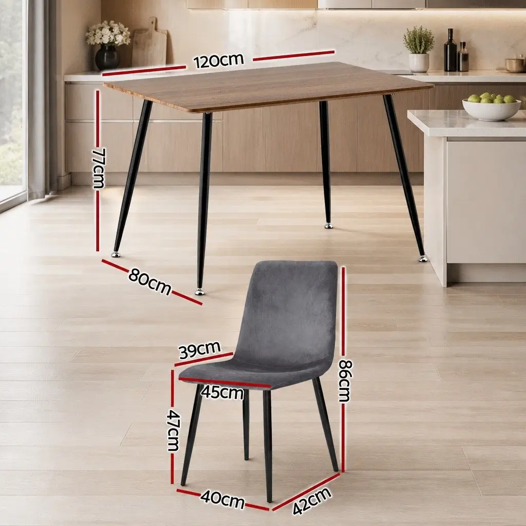 Dining Set Grey Velvet 4 Chairs Industrial Style Wood Grain Table