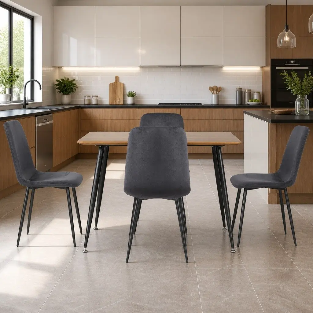 Dining Set Grey Velvet 4 Chairs Industrial Style Wood Grain Table