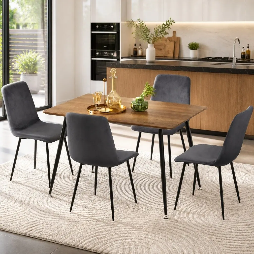 Dining Set Grey Velvet 4 Chairs Industrial Style Wood Grain Table