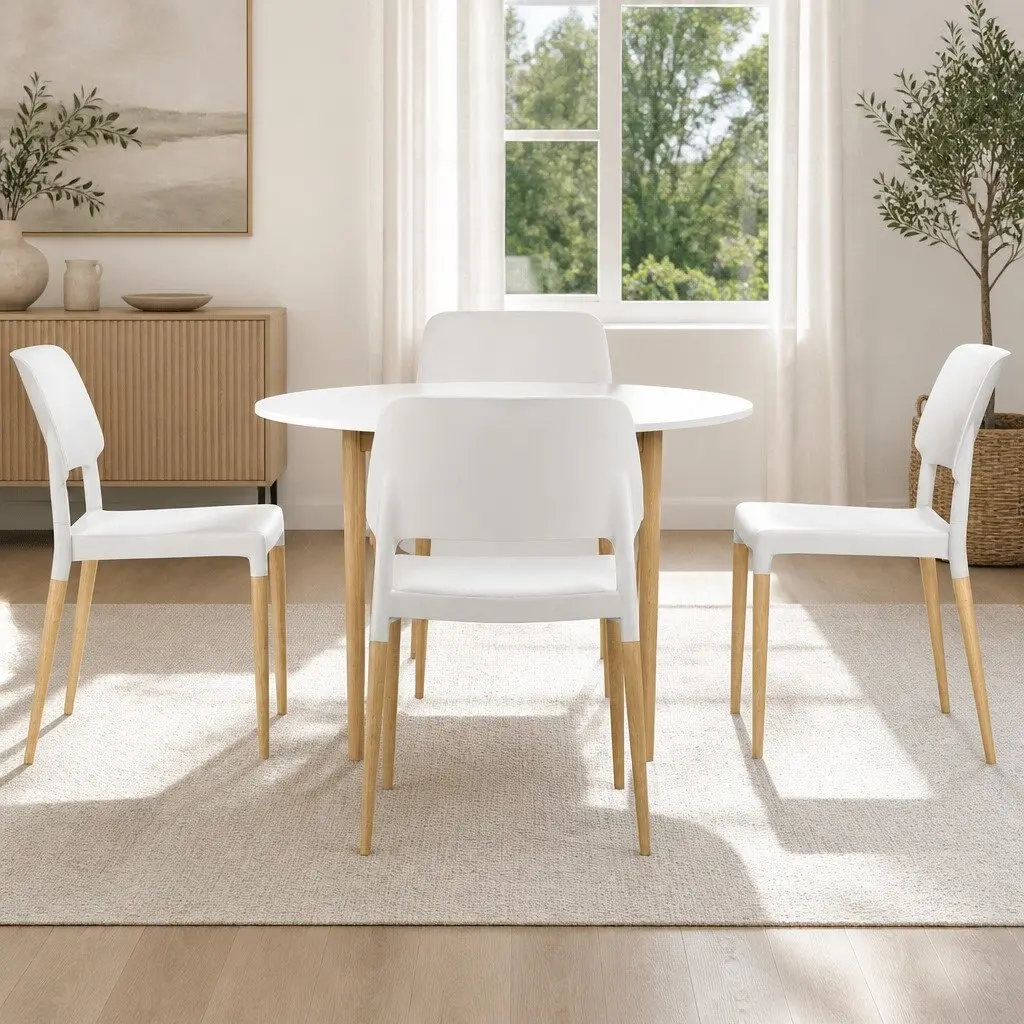 Dining Set White Round Table 4 Chairs Easy Assembly