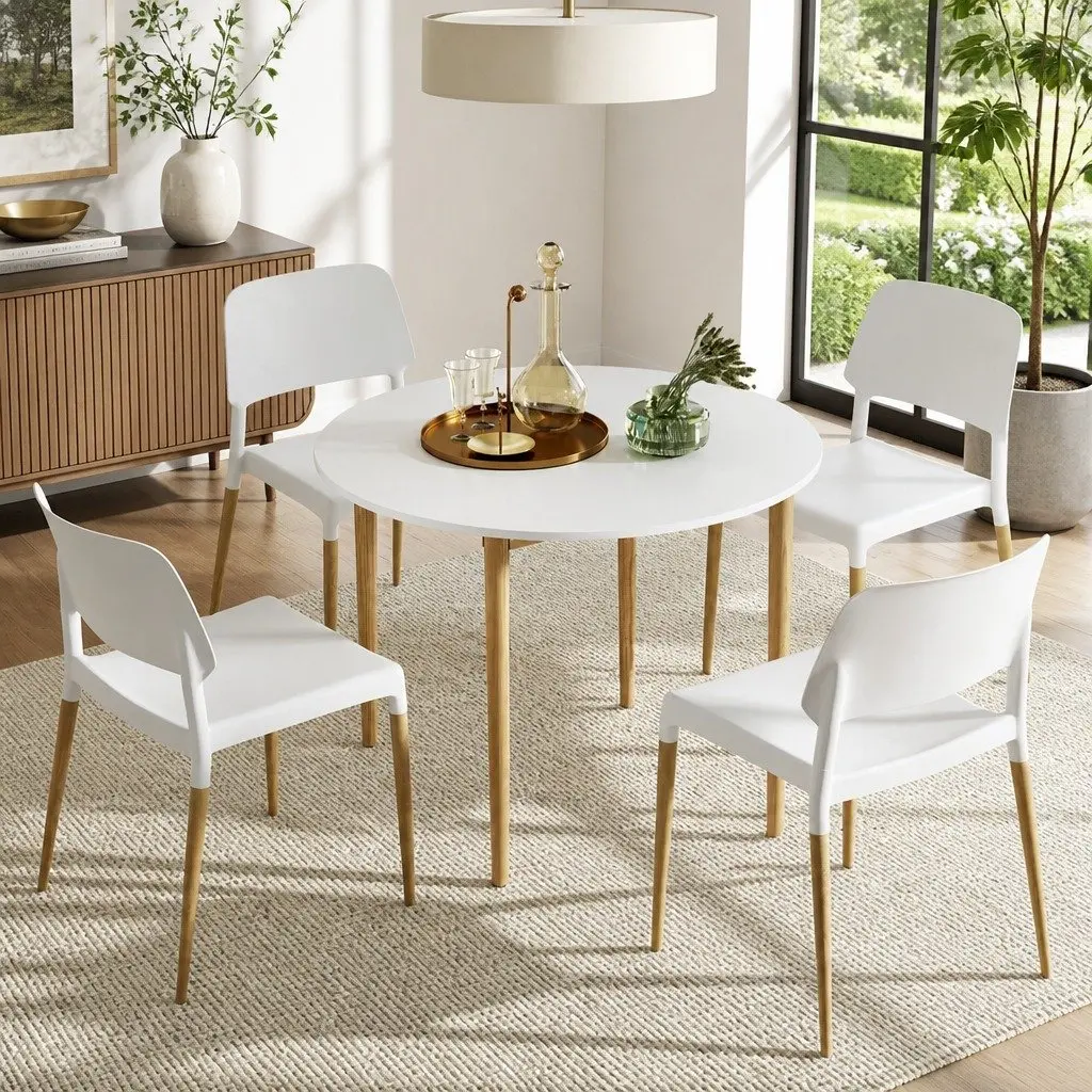 Dining Set White Round Table 4 Chairs Easy Assembly