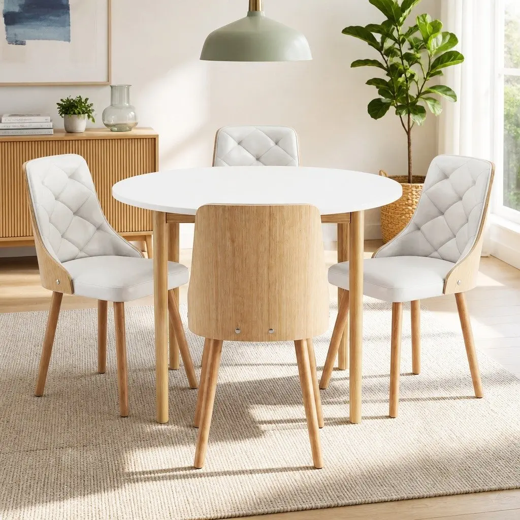 Dining Set White 5 Piece Round 4 Seater PU Leather Modern Kitchen