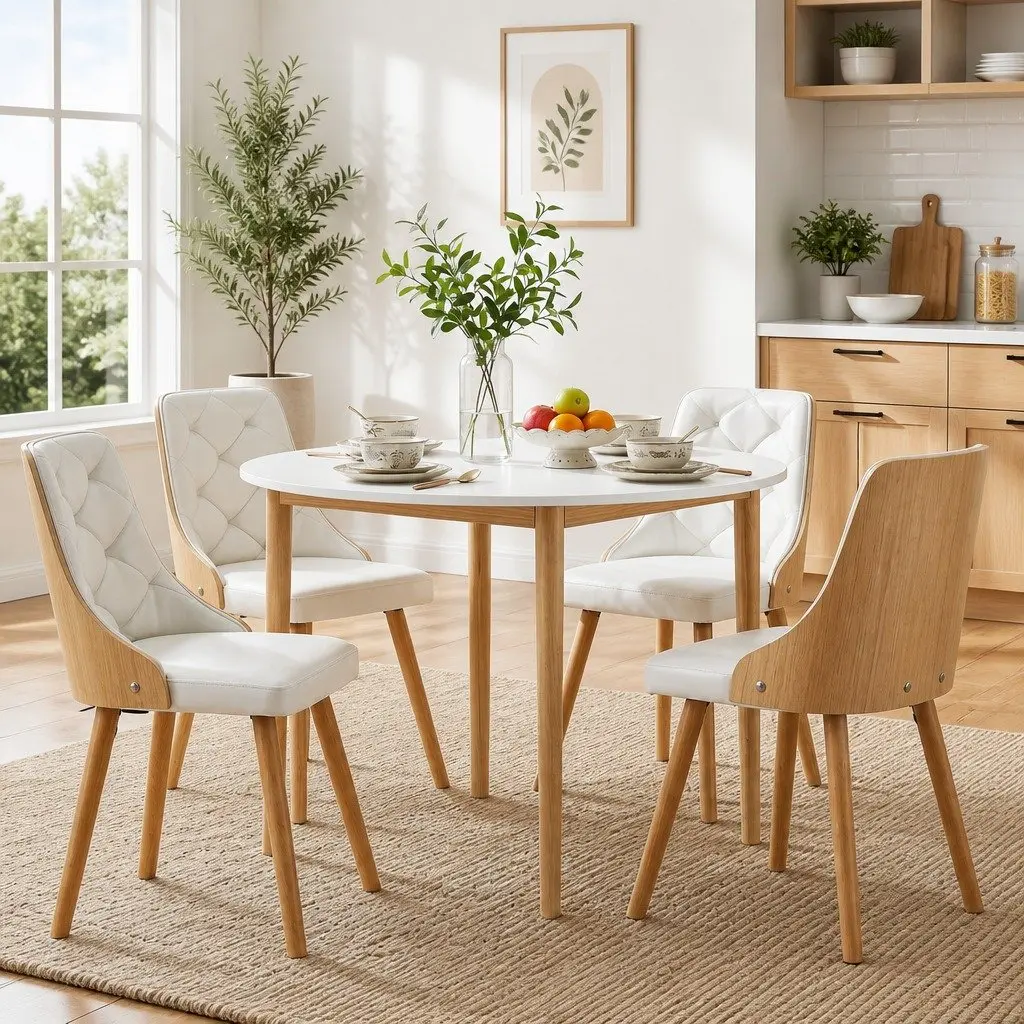 Dining Set White 5 Piece Round 4 Seater PU Leather Modern Kitchen