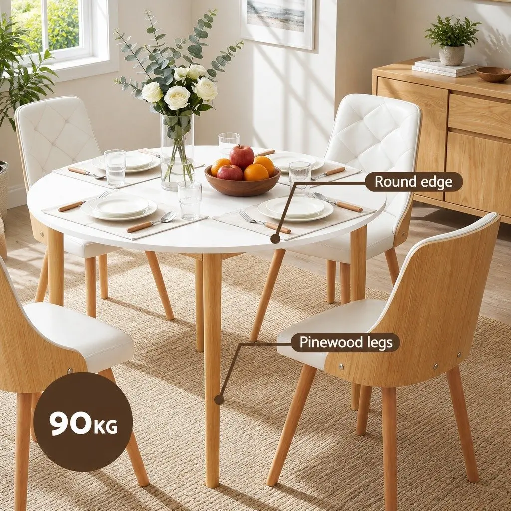 Dining Set White 5 Piece Round 4 Seater PU Leather Modern Kitchen