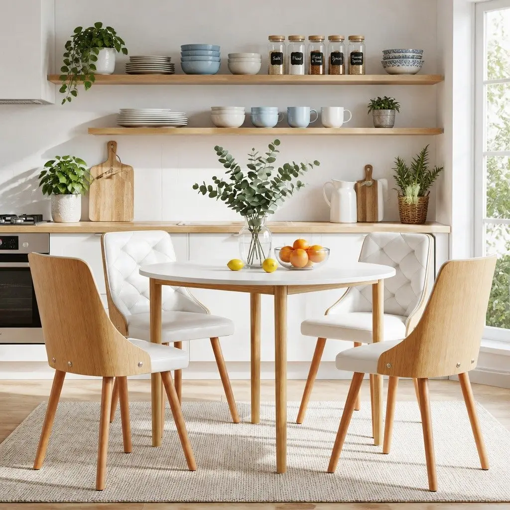 Dining Set White 5 Piece Round 4 Seater PU Leather Modern Kitchen