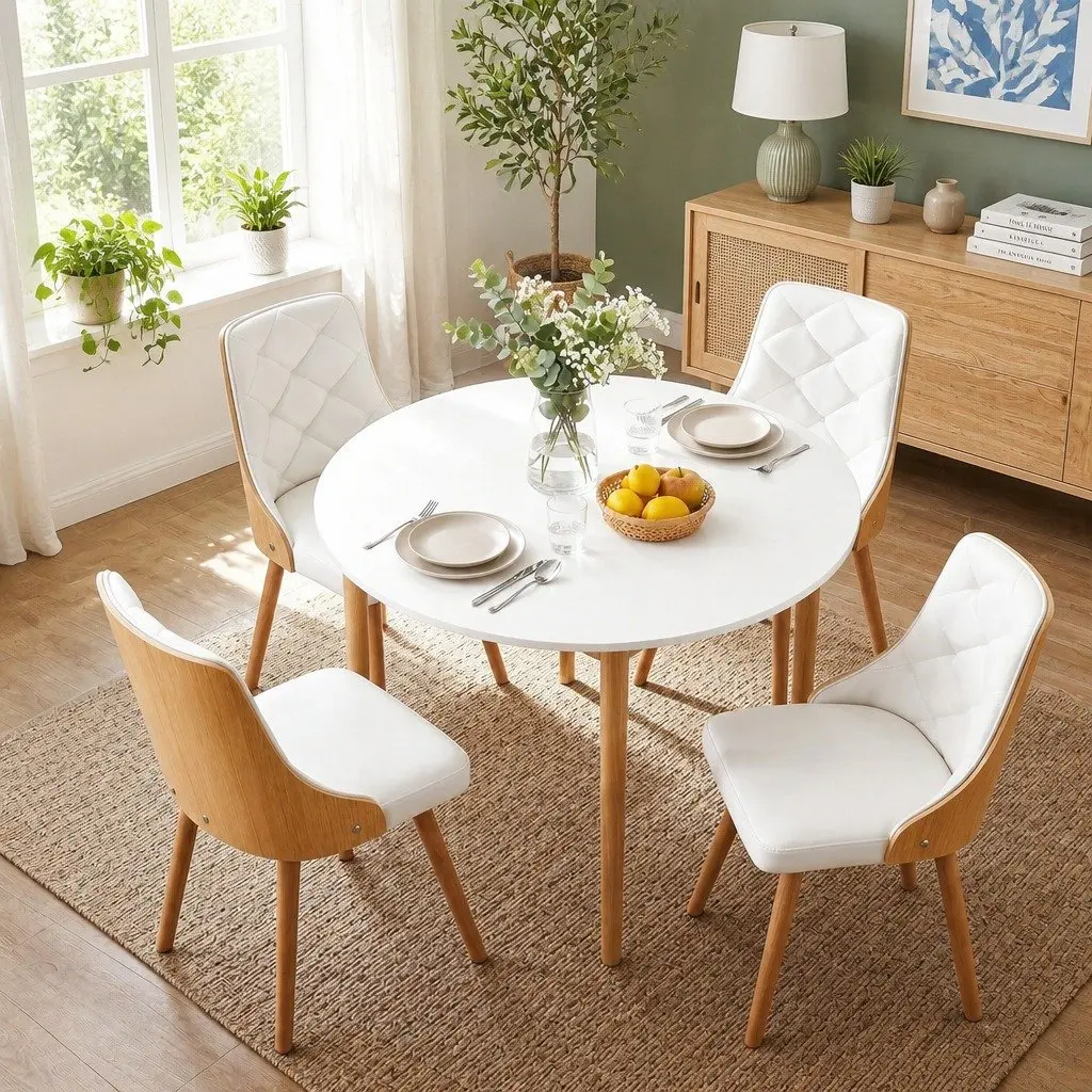 Dining Set White 5 Piece Round 4 Seater PU Leather Modern Kitchen