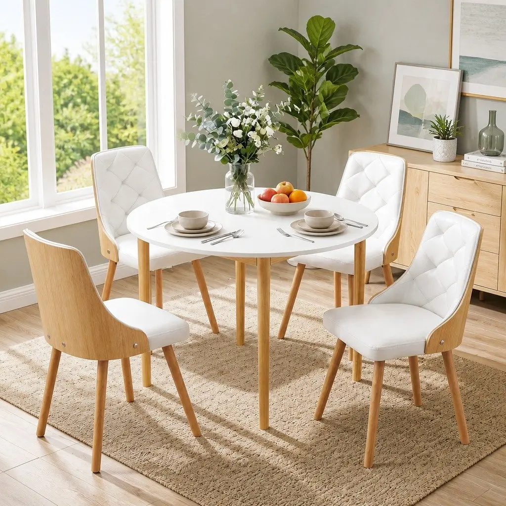 Dining Set White 5 Piece Round 4 Seater PU Leather Modern Kitchen