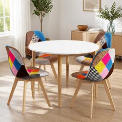 Round Dining Table and 4 Fabric Eiffel Chairs Set White 108cm Mid-Century Design