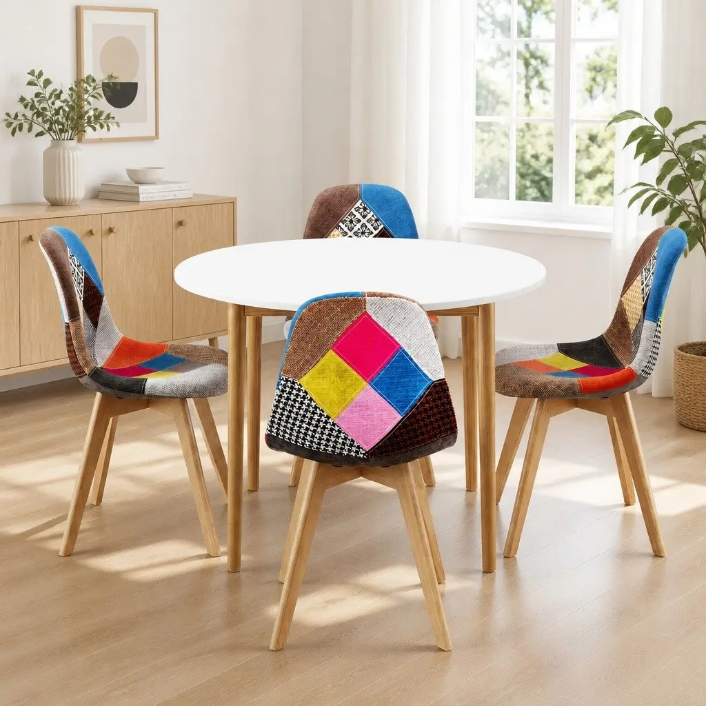 Round Dining Table and 4 Fabric Eiffel Chairs Set White 108cm Mid-Century Design