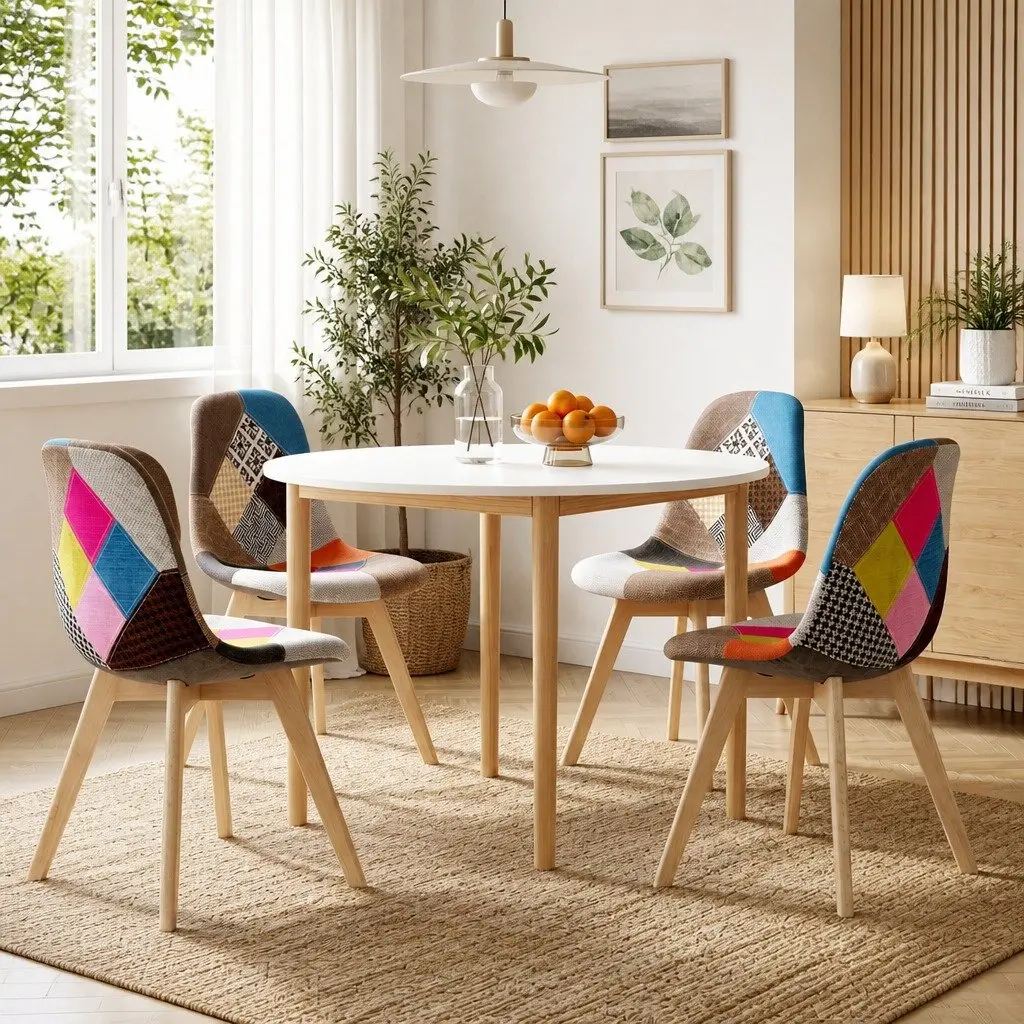 Round Dining Table and 4 Fabric Eiffel Chairs Set White 108cm Mid-Century Design