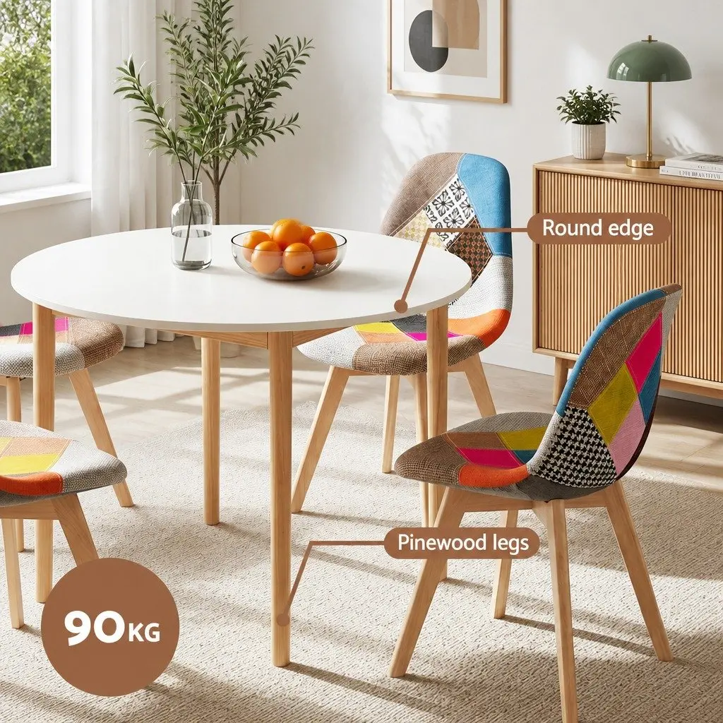 Round Dining Table and 4 Fabric Eiffel Chairs Set White 108cm Mid-Century Design