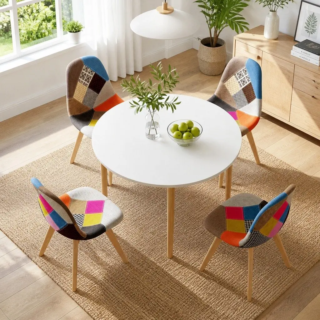 Round Dining Table and 4 Fabric Eiffel Chairs Set White 108cm Mid-Century Design