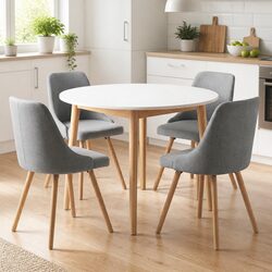 Round Dining Table and Chairs Set 5pcs Compact Kitchen Furniture White Grey Wood