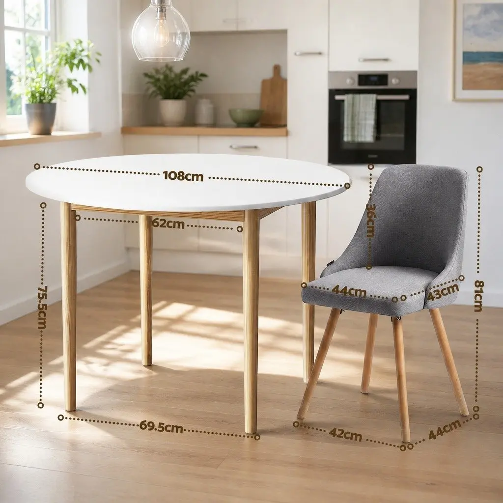 Round Dining Set White Grey 5 Piece Compact Kitchen Furniture 108cm Table with Smooth Edges and Four Chairs with Solid Beech Wood Frames