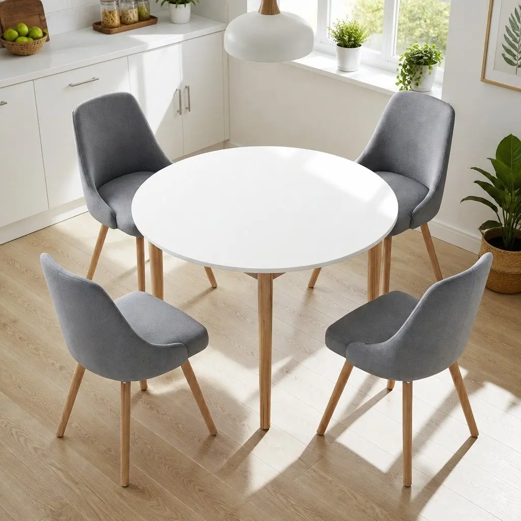 Round Dining Set White Grey 5 Piece Compact Kitchen Furniture 108cm Table with Smooth Edges and Four Chairs with Solid Beech Wood Frames