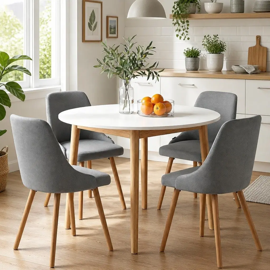 Round Dining Set White Grey 5 Piece Compact Kitchen Furniture 108cm Table with Smooth Edges and Four Chairs with Solid Beech Wood Frames
