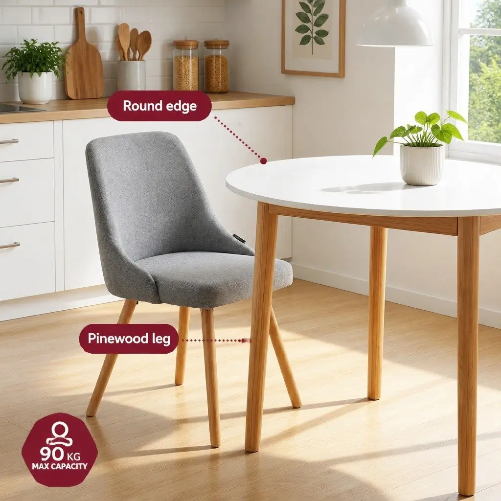 Round Dining Set White Grey 5 Piece Compact Kitchen Furniture 108cm Table with Smooth Edges and Four Chairs with Solid Beech Wood Frames