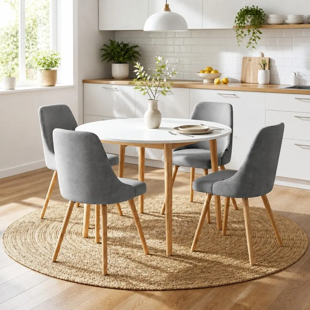 Round Dining Set White Grey 5 Piece Compact Kitchen Furniture 108cm Table with Smooth Edges and Four Chairs with Solid Beech Wood Frames