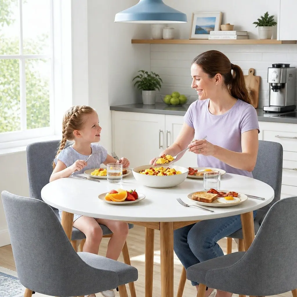 Round Dining Set White Grey 5 Piece Compact Kitchen Furniture 108cm Table with Smooth Edges and Four Chairs with Solid Beech Wood Frames