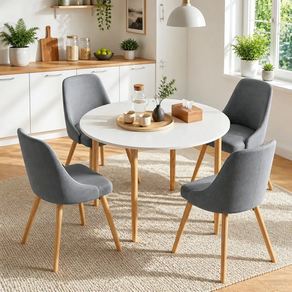 Round Dining Set White Grey 5 Piece Compact Kitchen Furniture 108cm Table with Smooth Edges and Four Chairs with Solid Beech Wood Frames