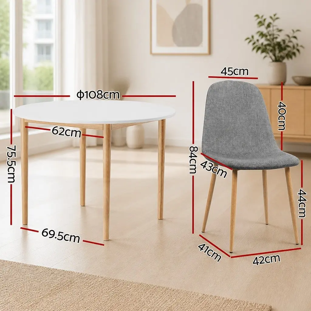 Round Dining Table White Grey 5 Piece Set with Smooth Edges and Upholstered Chairs for Kitchen Cafe Dining Room