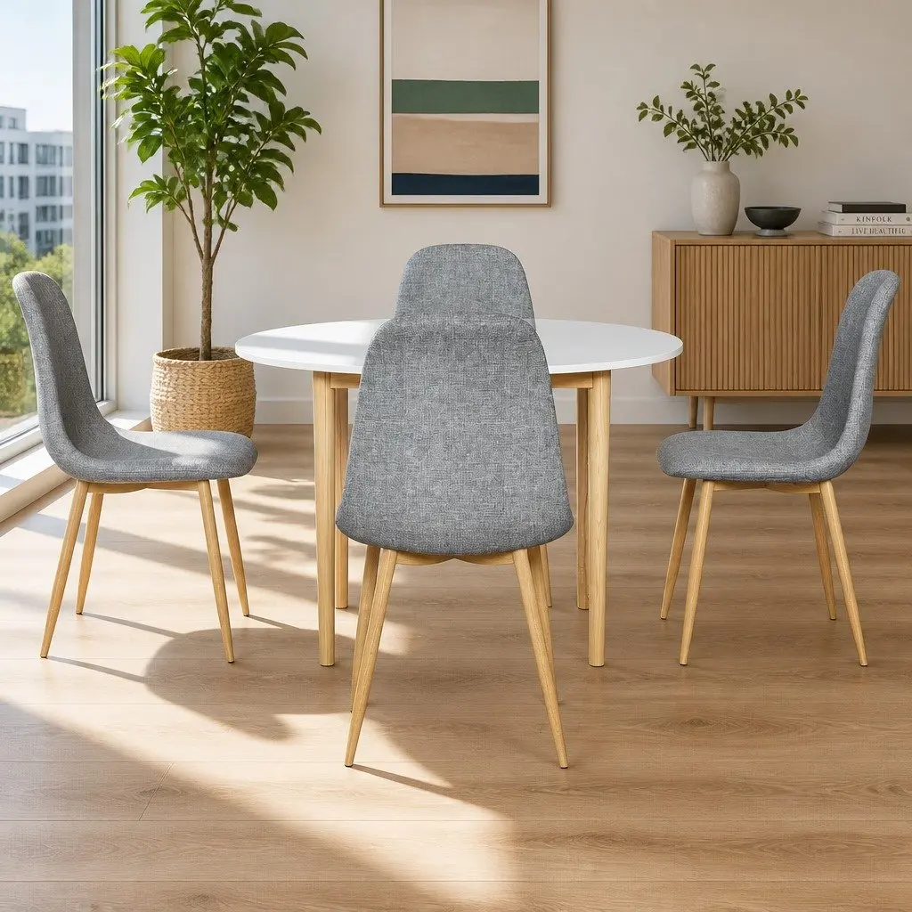Round Dining Table White Grey 5 Piece Set with Smooth Edges and Upholstered Chairs for Kitchen Cafe Dining Room