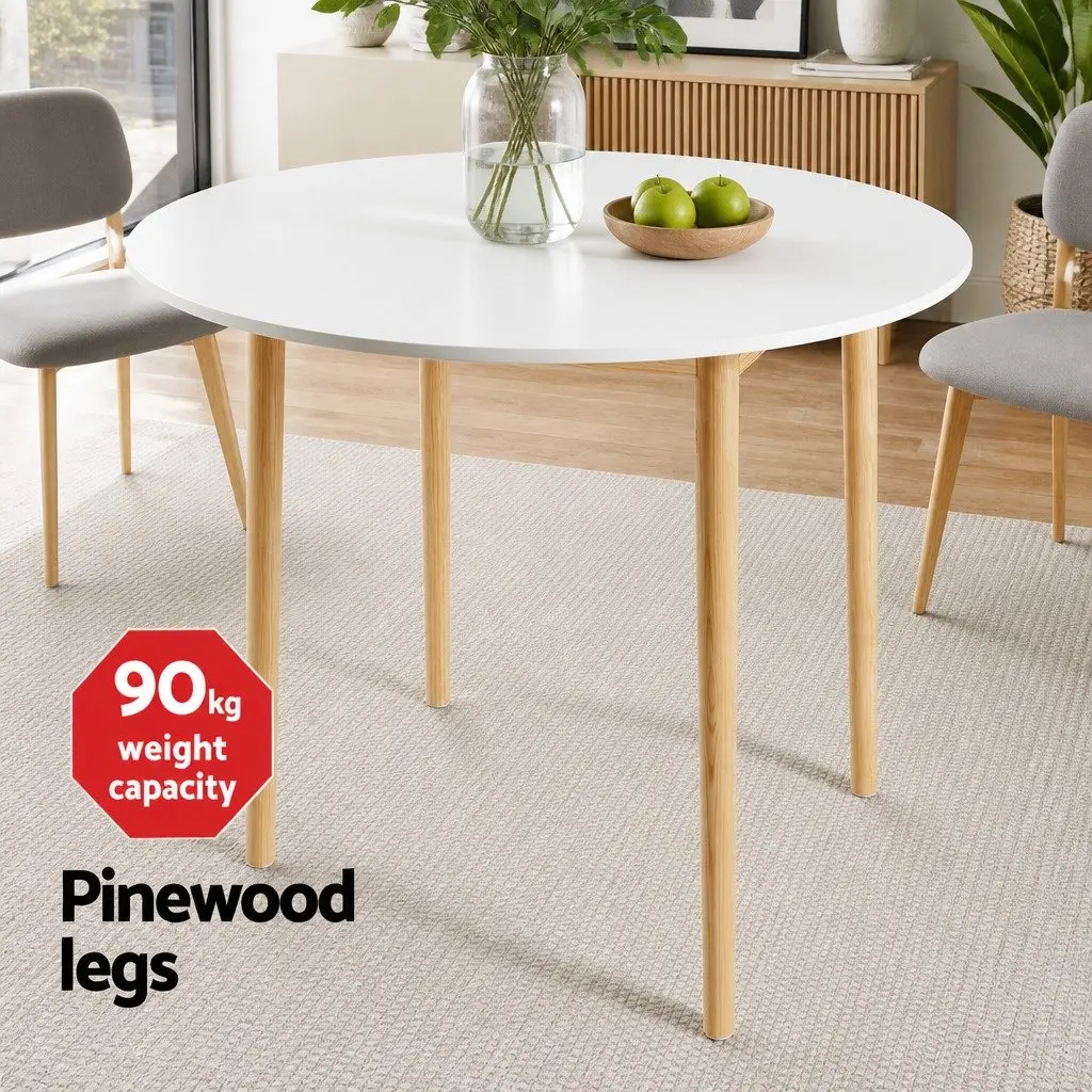 Round Dining Table White Grey 5 Piece Set with Smooth Edges and Upholstered Chairs for Kitchen Cafe Dining Room
