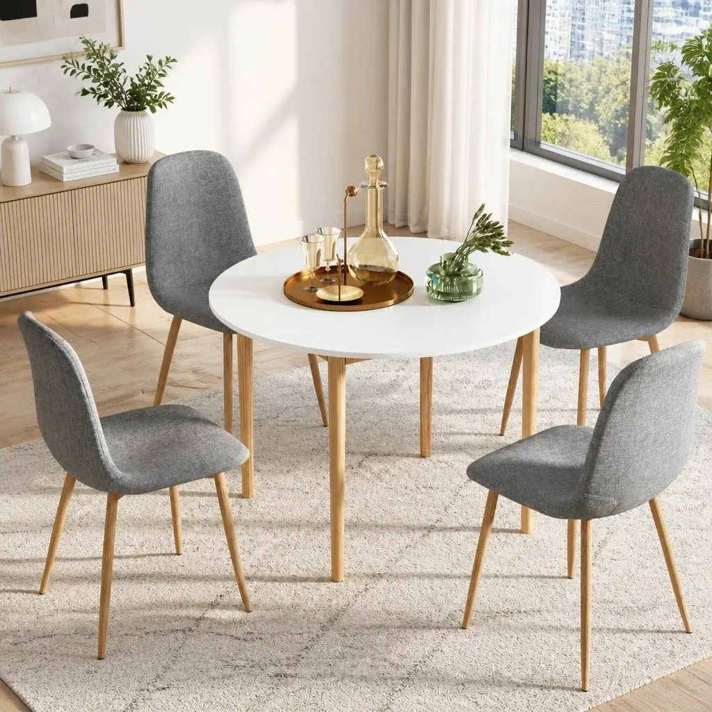 Round Dining Table White Grey 5 Piece Set with Smooth Edges and Upholstered Chairs for Kitchen Cafe Dining Room