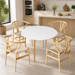 Dining Table and 4 Chairs Set Round Tabletop Kitchen Dining Room Furniture