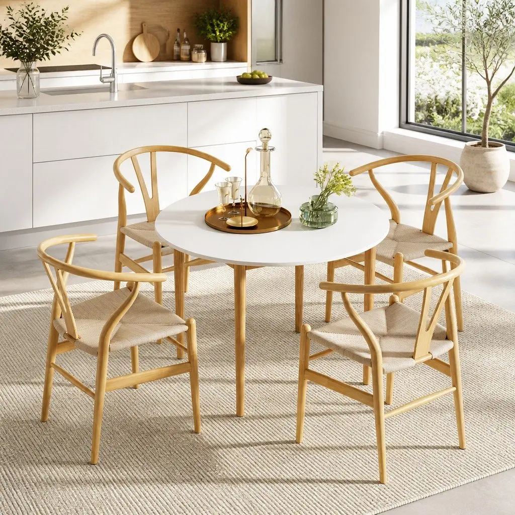 Dining Table and 4 Chairs Set Round Tabletop Kitchen Dining Room Furniture
