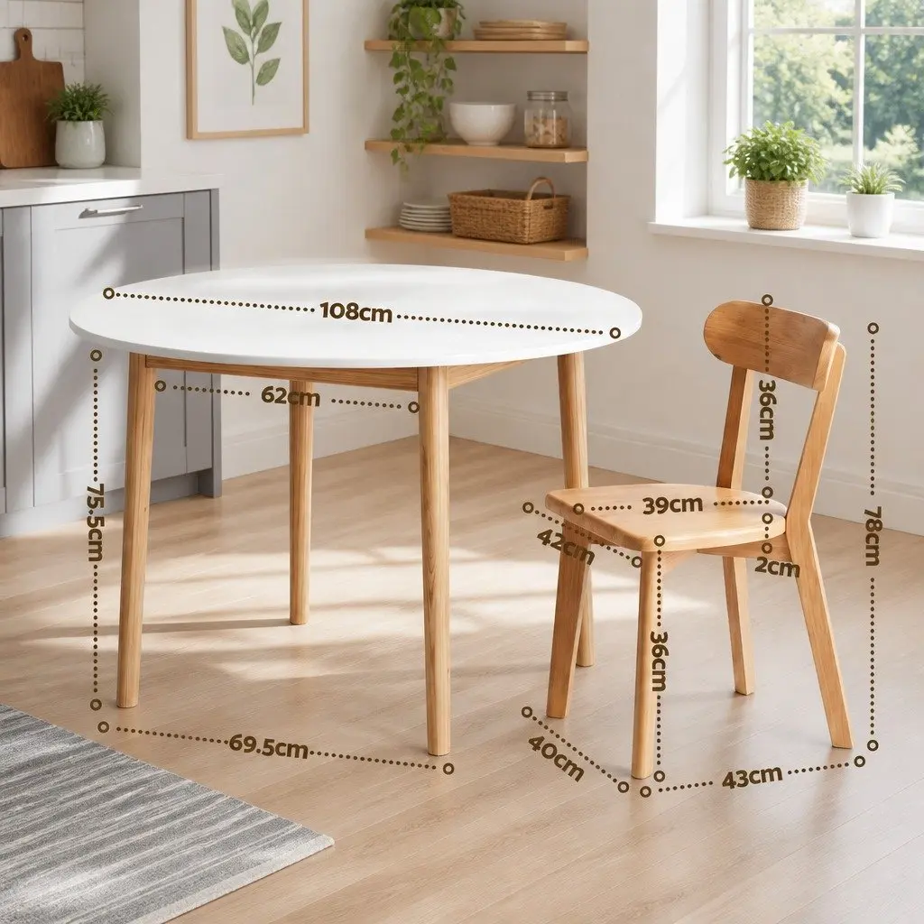 Round Dining Table 5 PCS Set White 108cm Kitchen Chairs Compact Small Space