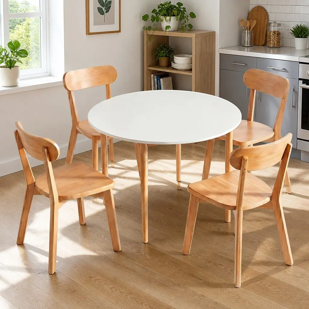 Round Dining Table 5 PCS Set White 108cm Kitchen Chairs Compact Small Space