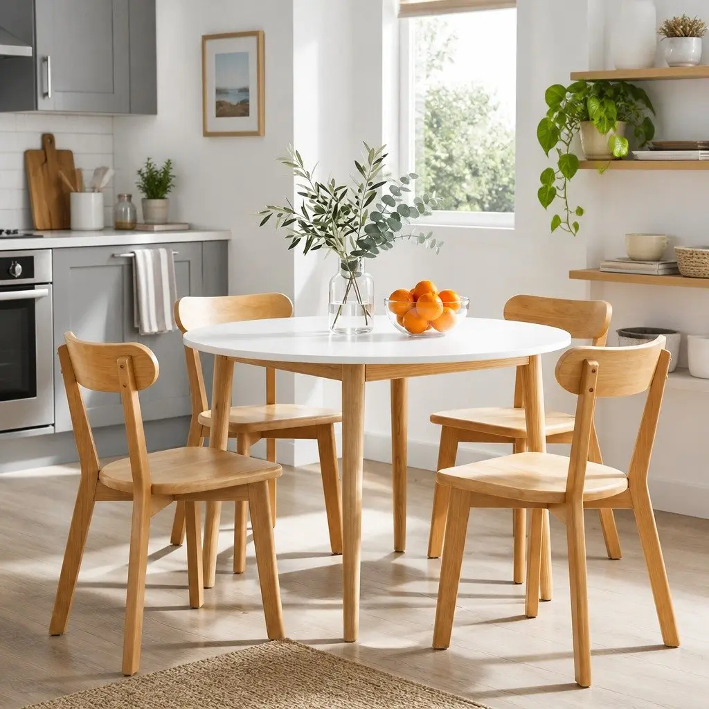 Round Dining Table 5 PCS Set White 108cm Kitchen Chairs Compact Small Space