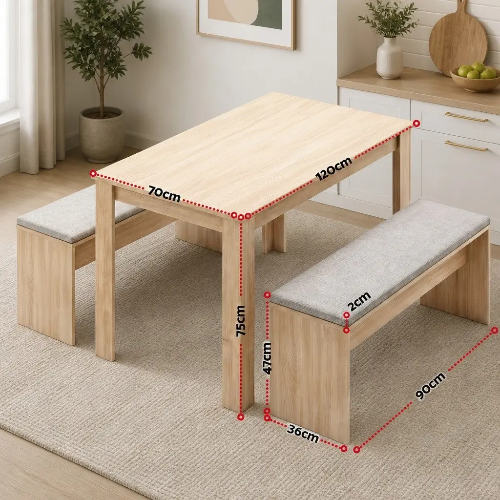 3 Piece Dining Set 120cm Table with 2 Upholstered Chairs Modern Kitchen Suite